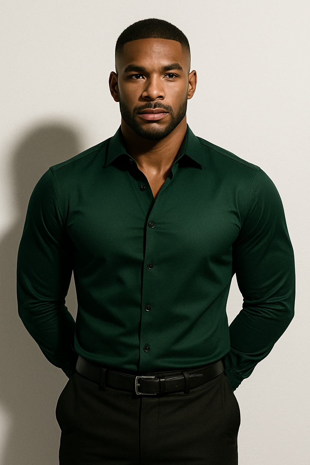 Men's green tailored dress shirt with slim fit, classic collar and long sleeves for smart casual style