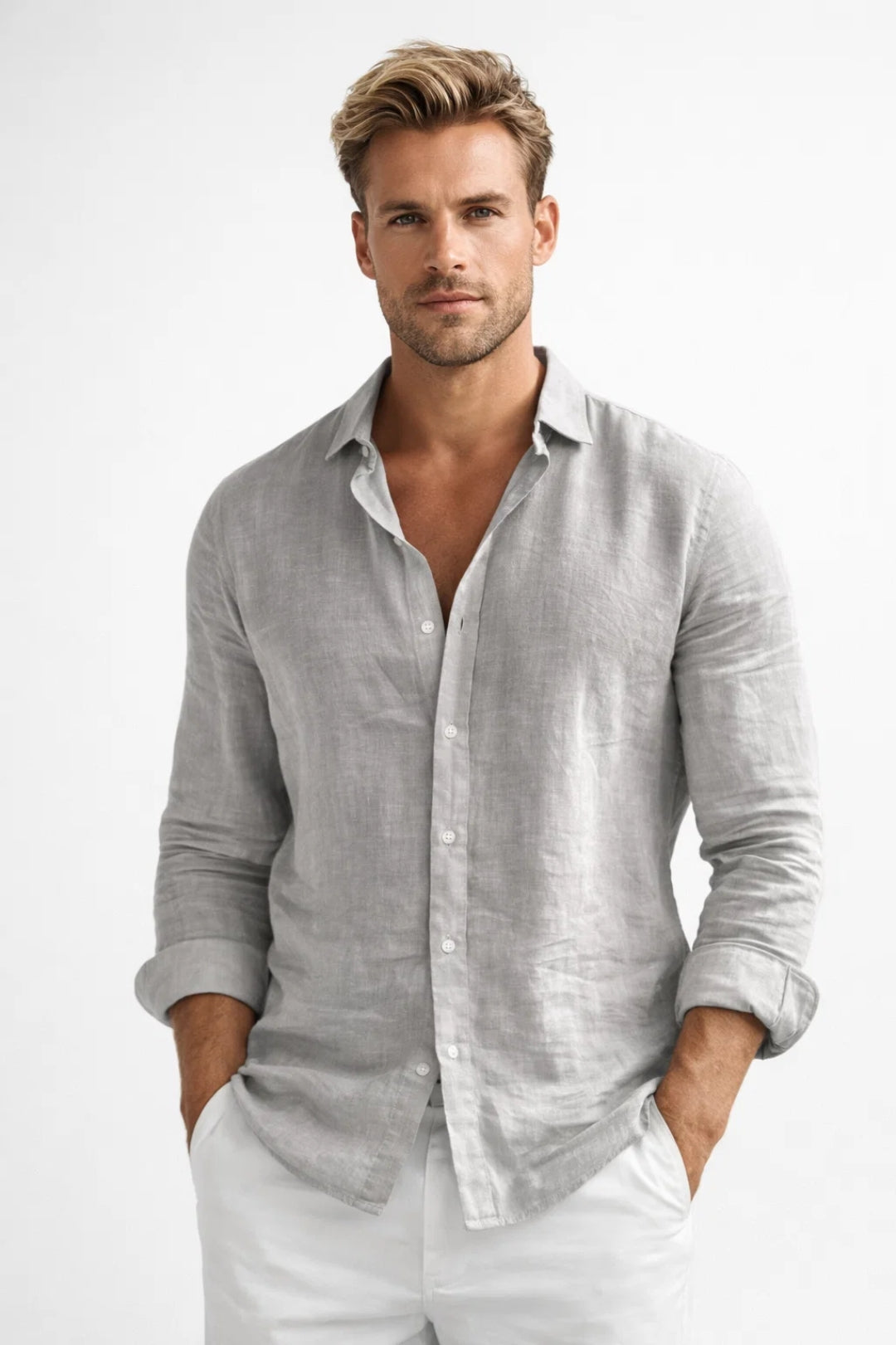 Men's grey breathable lightweight shirt with a comfortable fit for everyday smart casual style