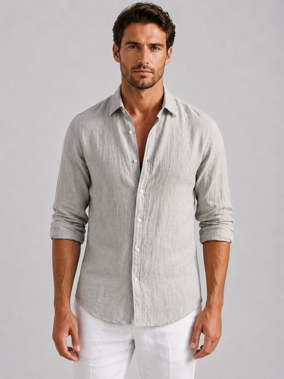 Men's grey breathable summer shirt with relaxed fit and lightweight fabric