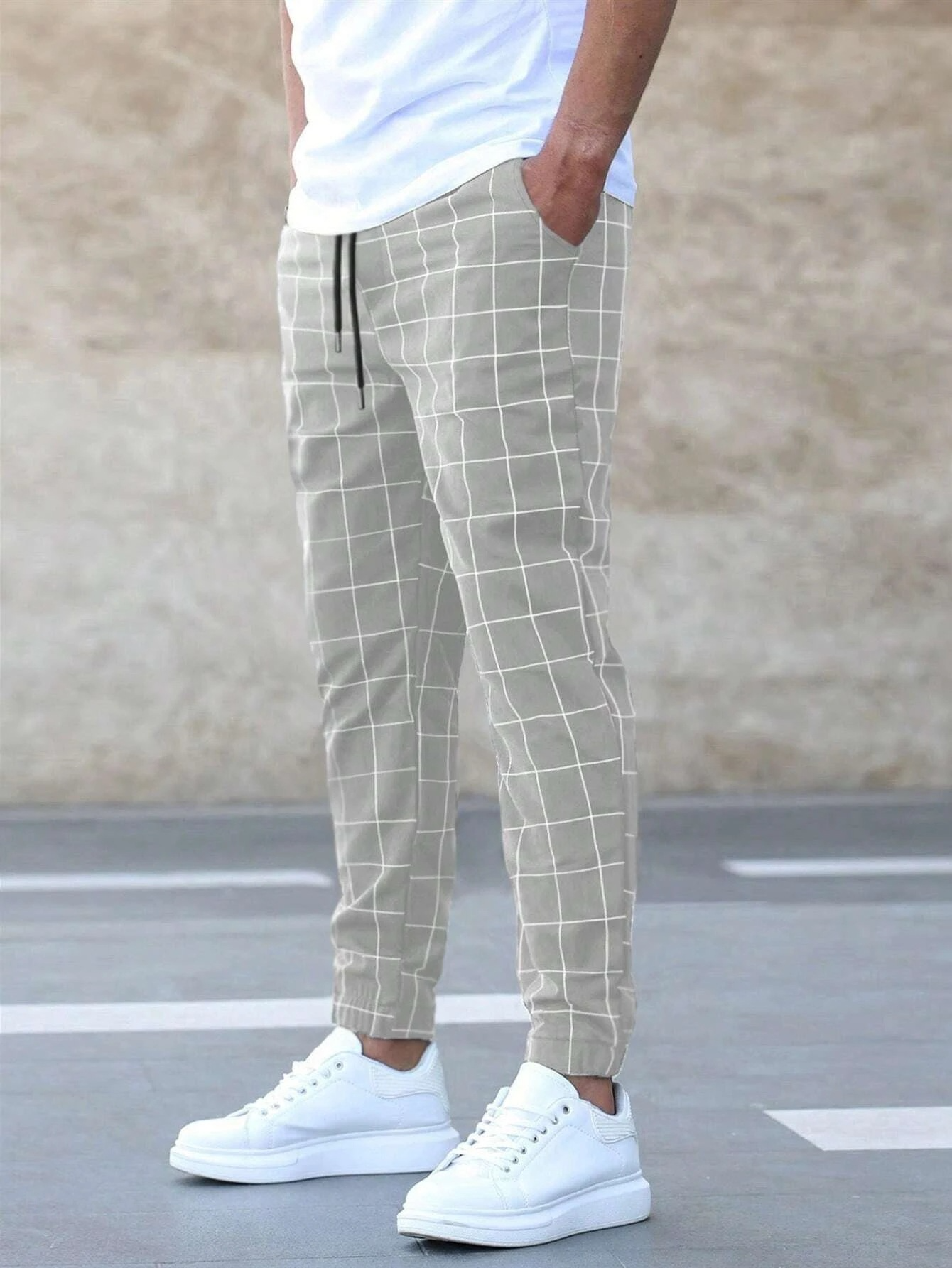 Men's grey checkered jogger pants with casual comfortable fit