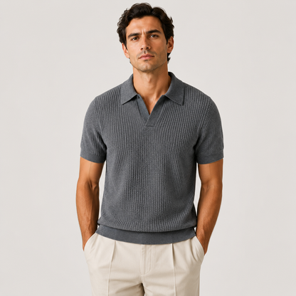 Men's grey knitted polo shirt with lightweight breathable fabric for refined smart casual summer style