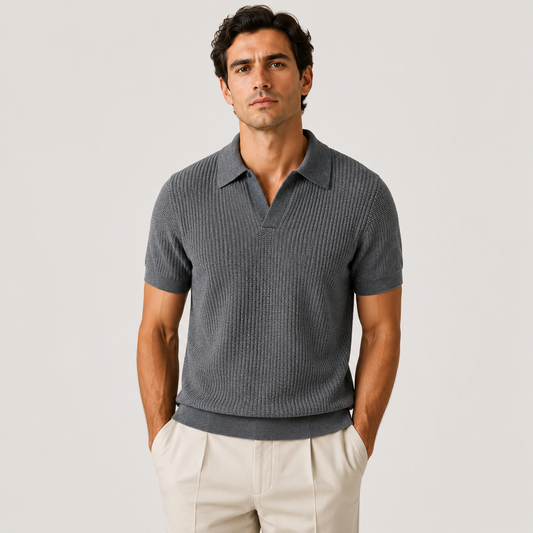 Men's grey knitted polo shirt with lightweight breathable fabric for refined smart casual summer style