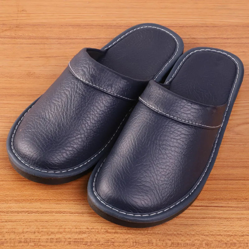 Men's grey leather slippers with lightweight design for indoor and outdoor comfort