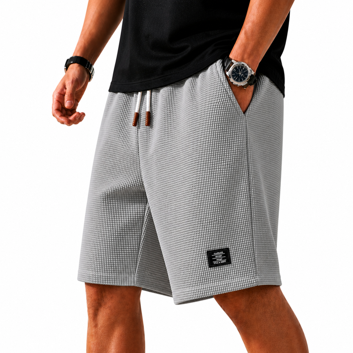 Men's grey lightweight summer shorts with regular fit and elasticated waist for casual everyday wear