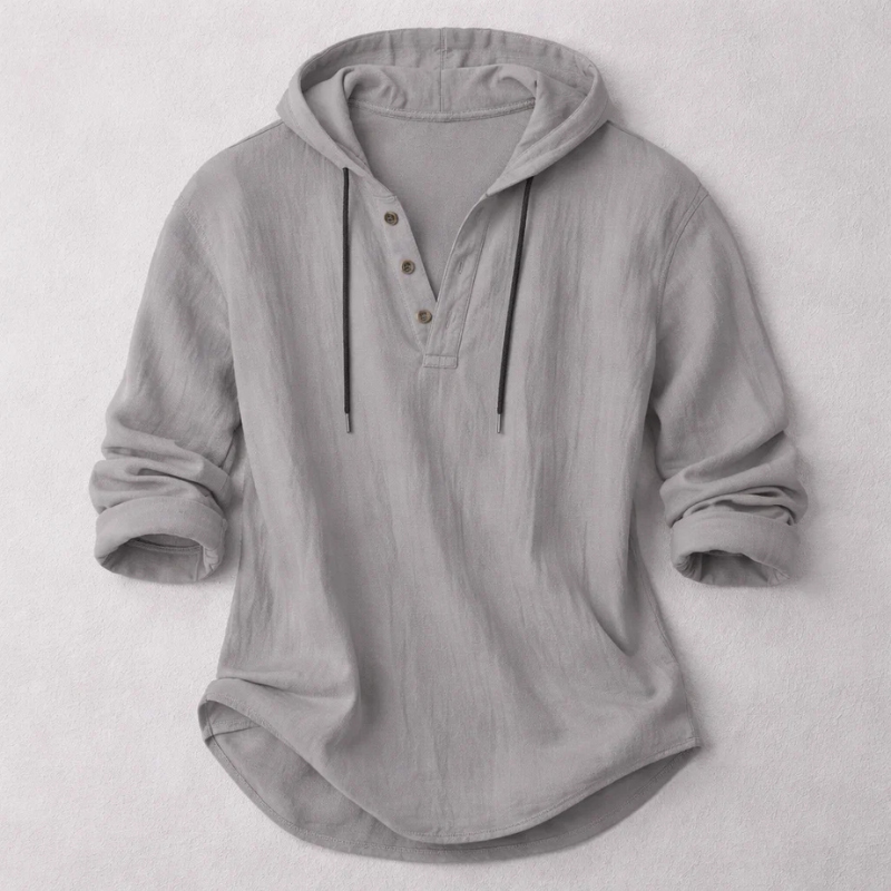 Men's grey linen blend hooded pullover shirt with button placket and relaxed fit