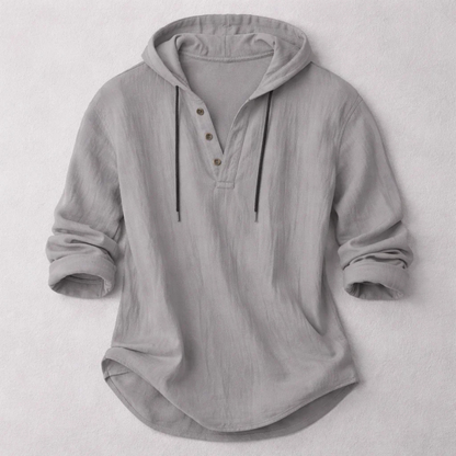 Men's grey linen blend hooded pullover shirt with button placket and relaxed fit