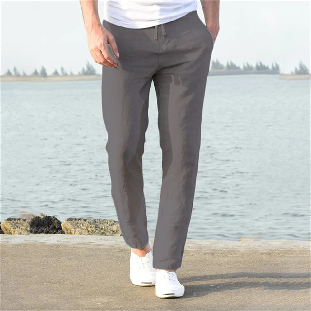 Men's grey linen pants with lightweight breathable fabric