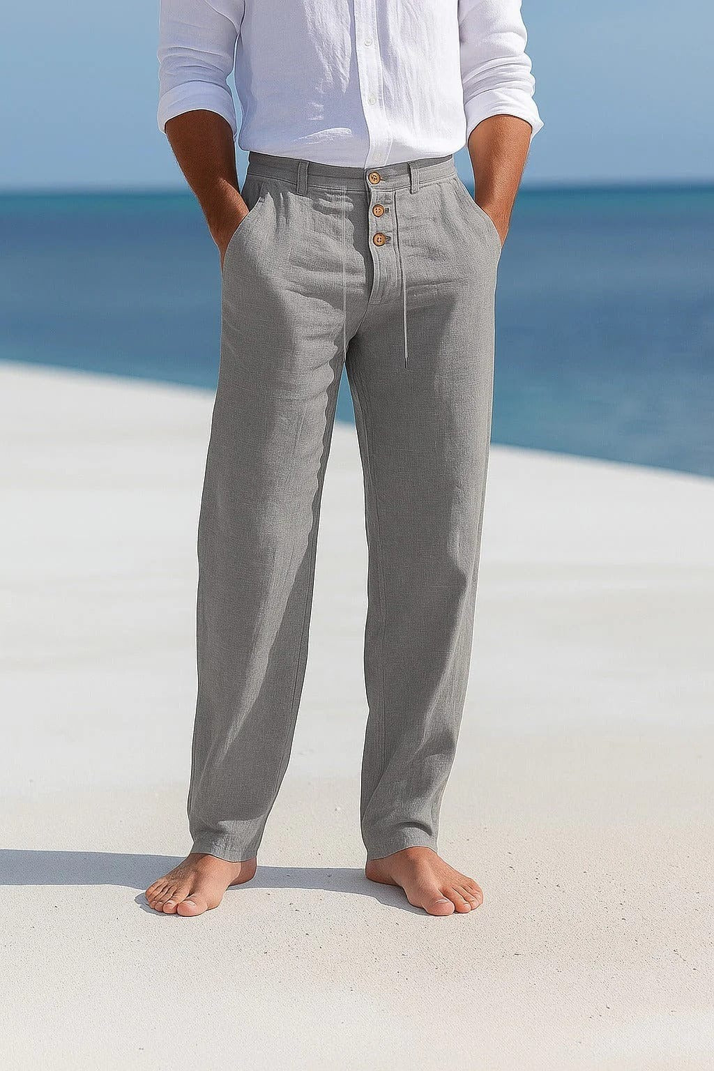 Men's grey linen pants with relaxed fit for comfortable everyday summer style