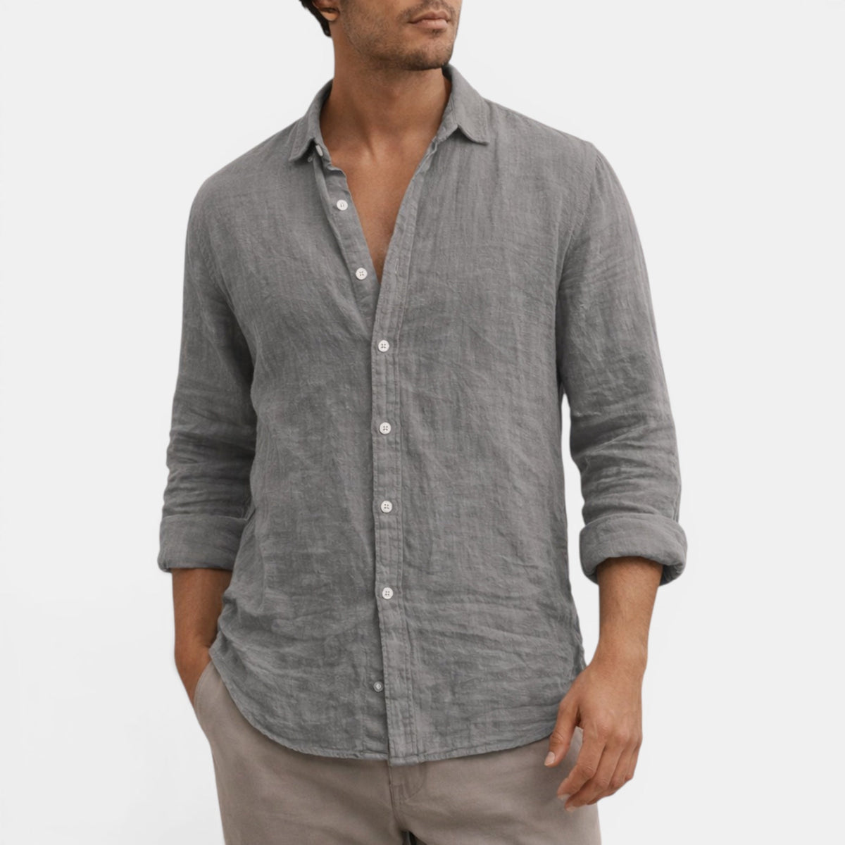 Men's grey linen shirt with breathable fabric, regular fit and long sleeves