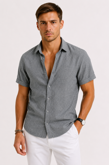 Men's grey linen shirt with classic collar, relaxed fit and button-front design