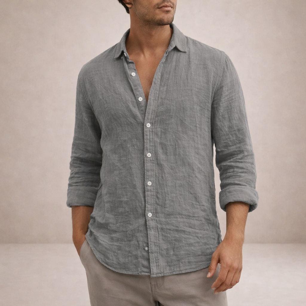 Men's grey linen shirt with mandarin collar and regular fit