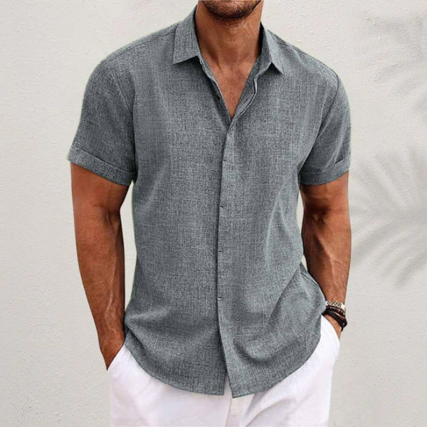 Men's grey short sleeve linen shirt with relaxed fit