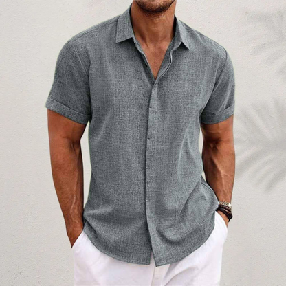 Men's grey short sleeve linen shirt with relaxed fit