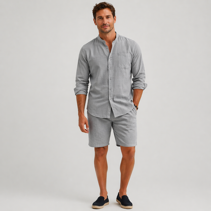 Men's grey linen shirt and shorts set with relaxed fit, matching two-piece summer outfit