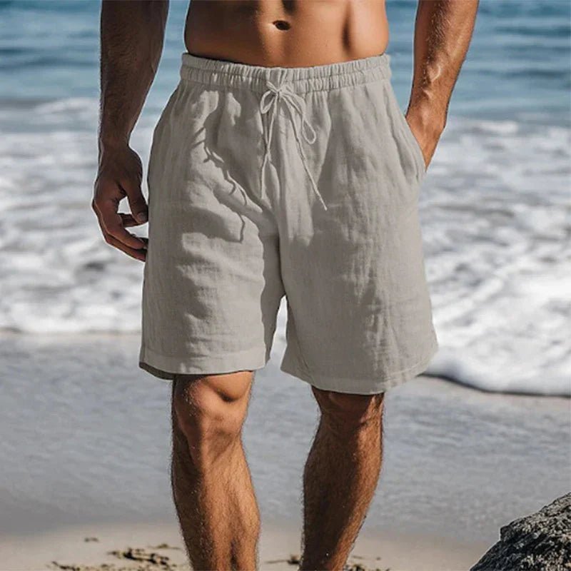 Men's grey linen swim shorts with quick-dry design for beach and pool days