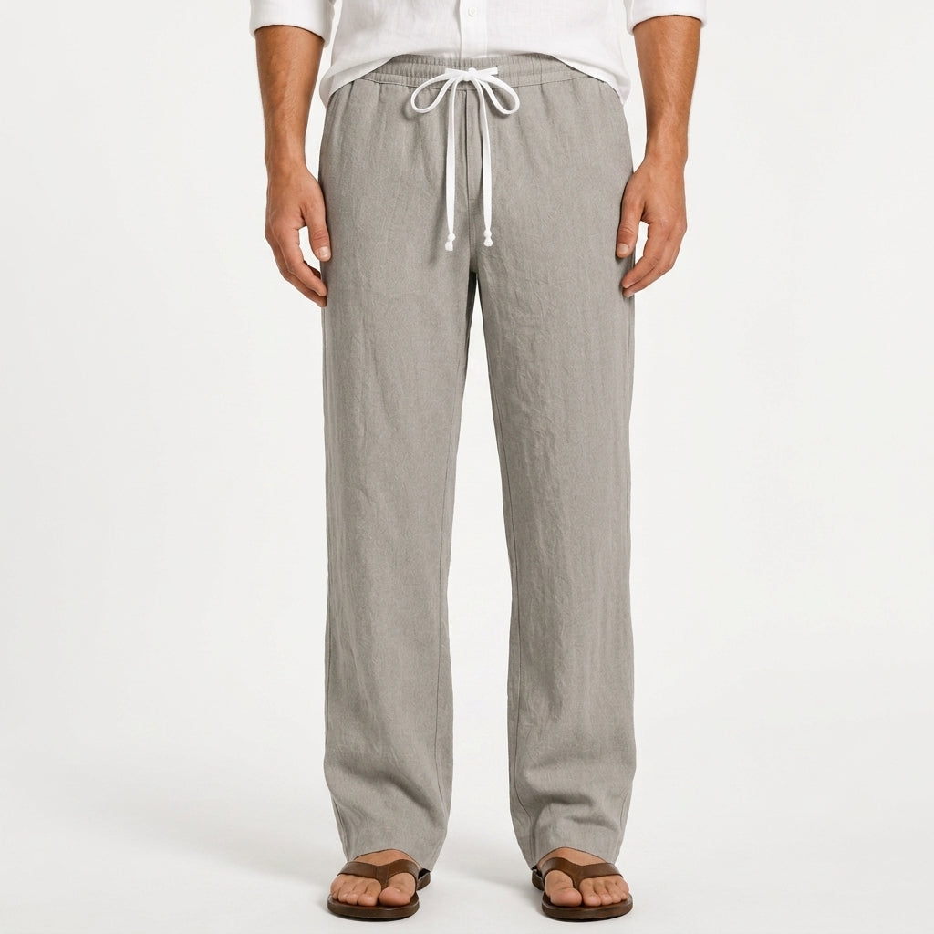 Men's grey linen trousers with straight-leg fit and adjustable drawstring waist