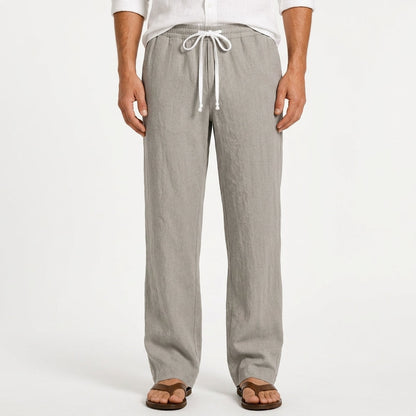 Men's grey linen trousers with straight-leg fit and adjustable drawstring waist