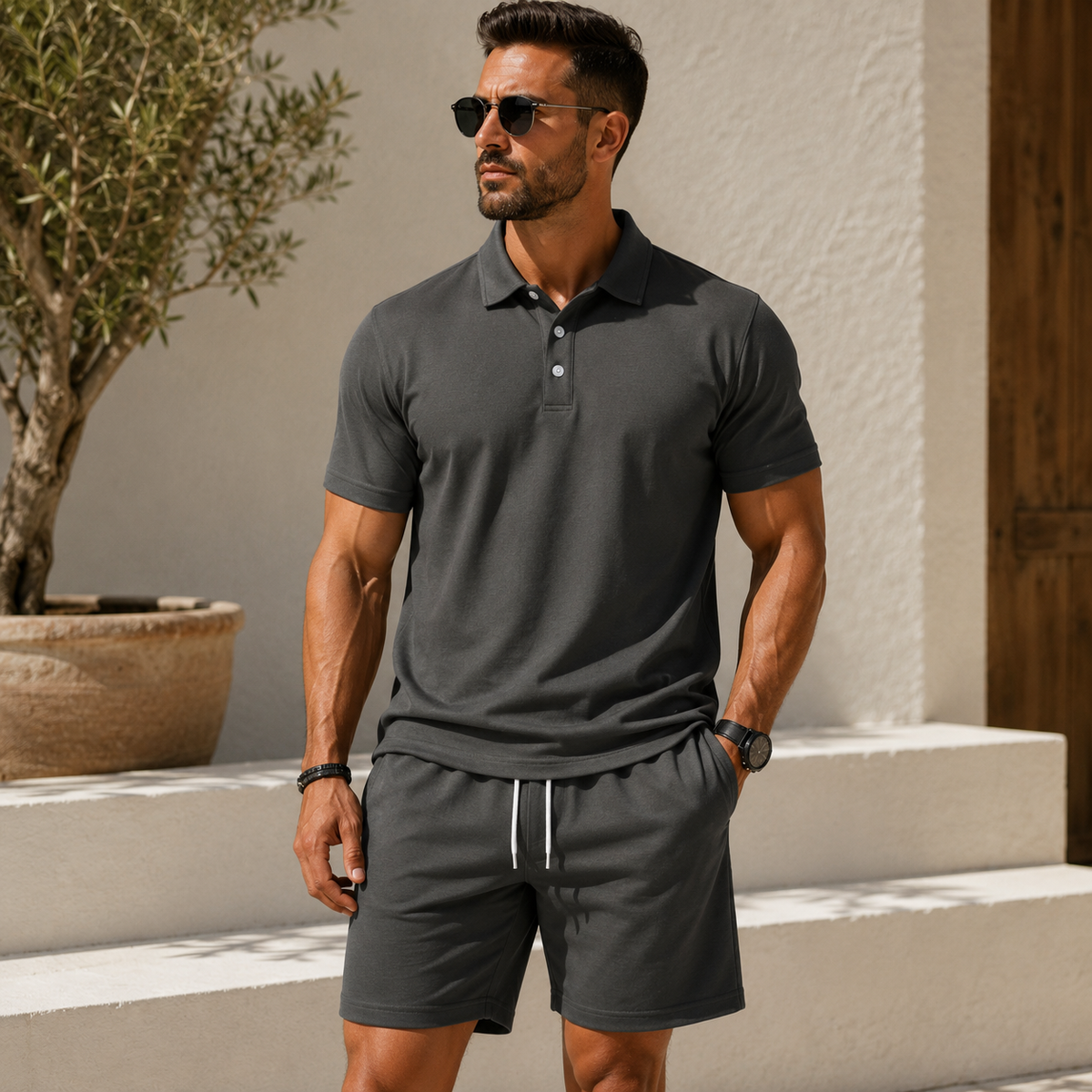 Men's grey polo shirt and shorts set with lightweight casual design for summer wear