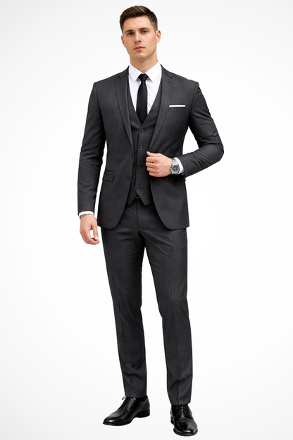 Men's grey slim fit 3 piece suit with notch lapel, waistcoat and matching trousers