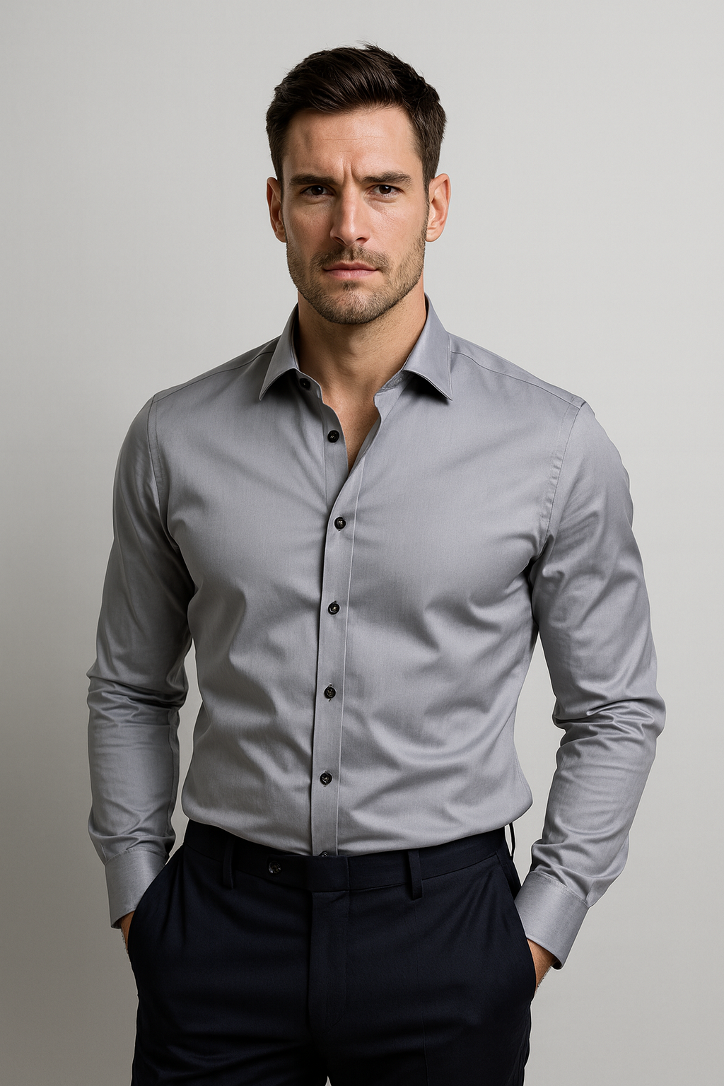 Men's grey stretch shirt with slim fit and wrinkle-resistant fabric