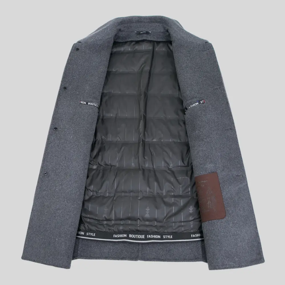 Back view of men's grey wool coat with tailored fit