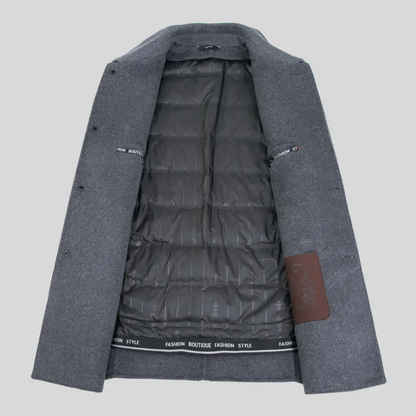 Back view of men's grey wool coat with tailored fit