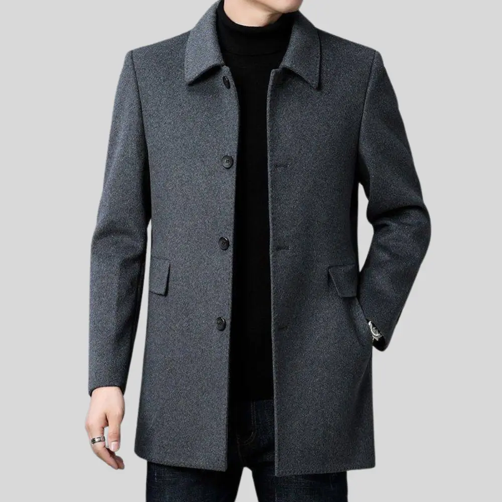 Men's grey wool coat with tailored fit front view