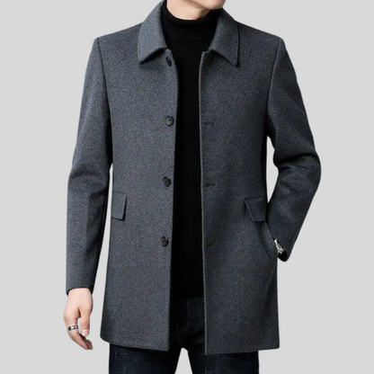 Men's grey wool coat with tailored fit front view