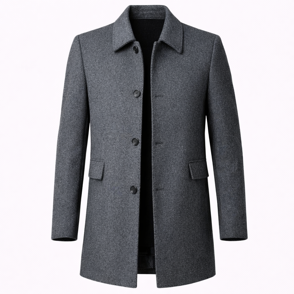Side view of men's grey wool coat with tailored fit