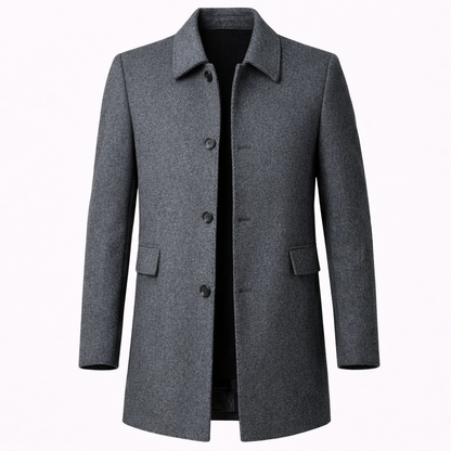 Side view of men's grey wool coat with tailored fit