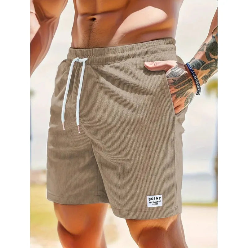 Men's khaki drawstring summer shorts with relaxed fit and practical pockets
