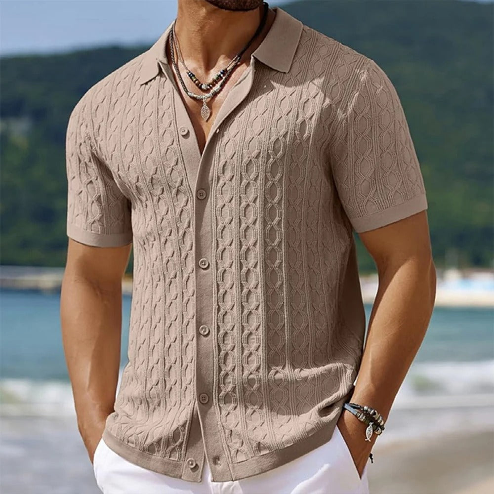 Men's khaki knitted shirt with short sleeves, textured knit pattern and lapel collar