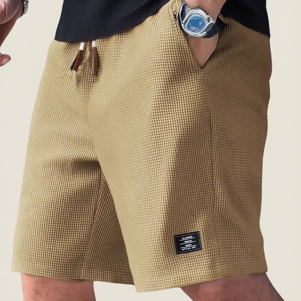 Men's khaki lightweight summer shorts with regular fit and elasticated waist for relaxed summer style