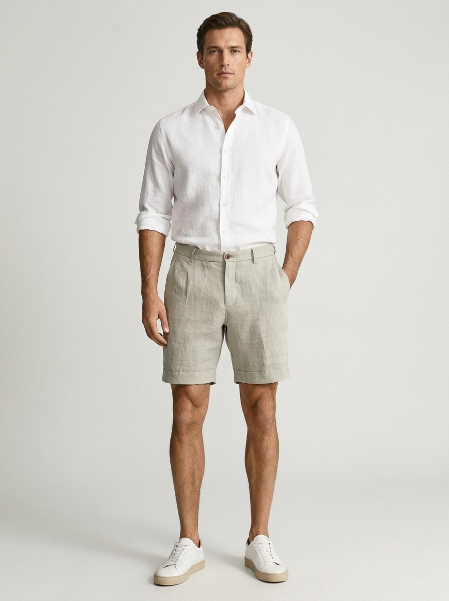 Men's khaki linen chino shorts with lightweight fabric and classic fit for casual summer style