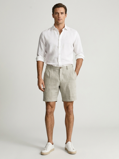 Men's khaki linen chino shorts with lightweight fabric and classic fit for casual summer style
