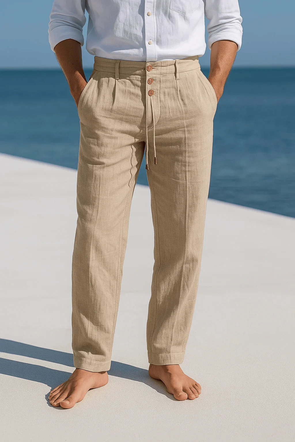 Men's khaki linen pants with lightweight fabric for relaxed summer and holiday outfits