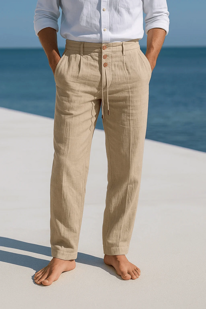 Men's khaki linen pants with lightweight fabric for relaxed summer and holiday outfits