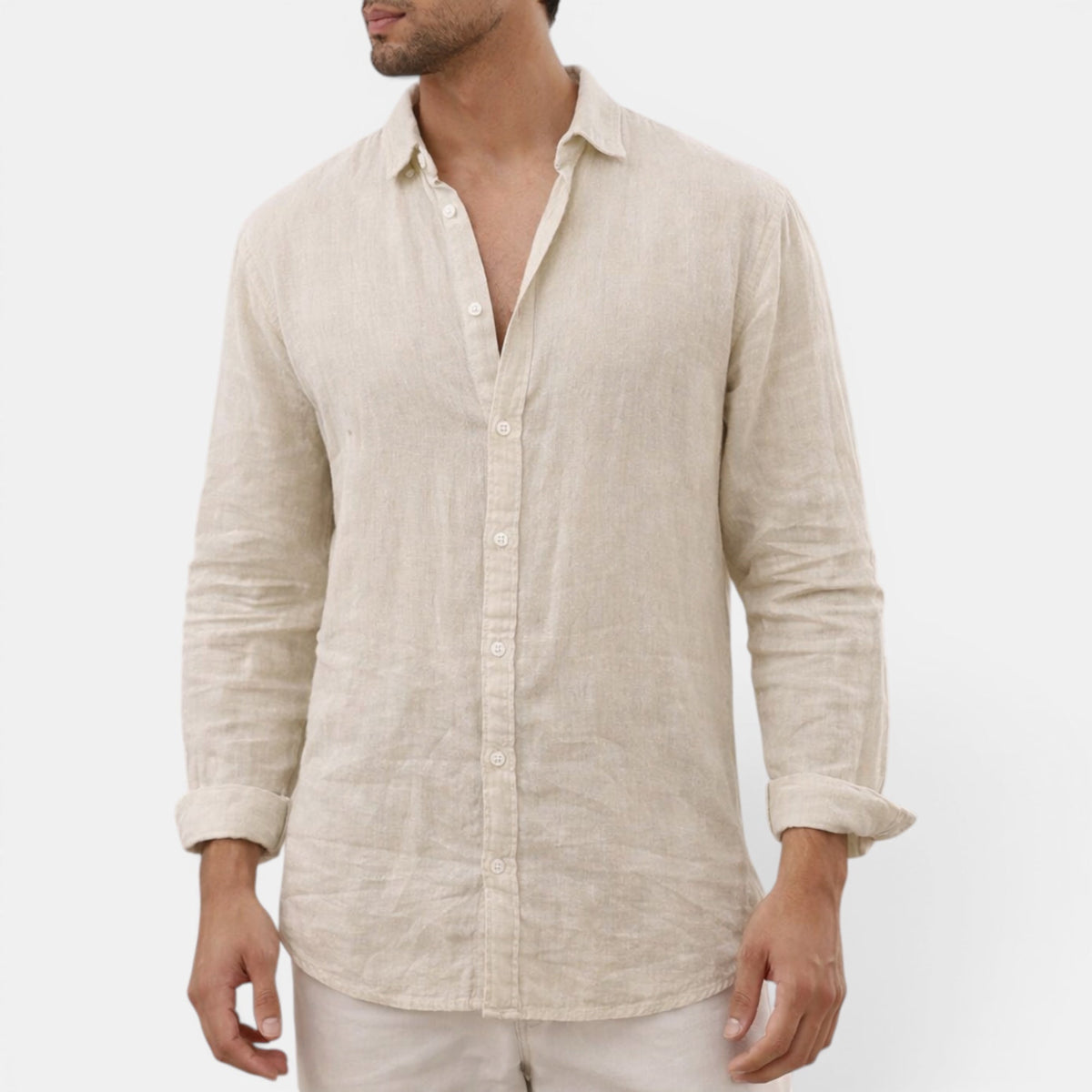 Men's khaki linen shirt with breathable fabric, regular fit and long sleeves