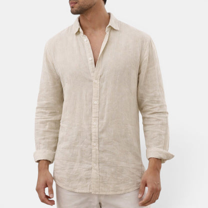 Men's khaki linen shirt with breathable fabric, regular fit and long sleeves