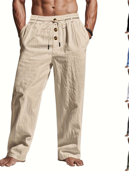 Men's khaki linen summer pants with straight-leg fit and adjustable drawstring