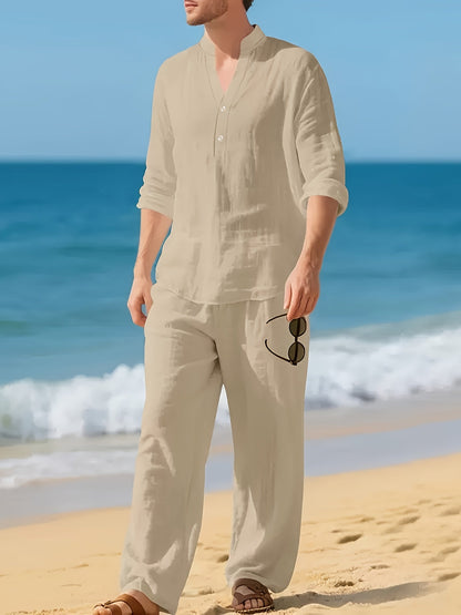 Men's khaki linen summer set with relaxed fit and breathable fabric