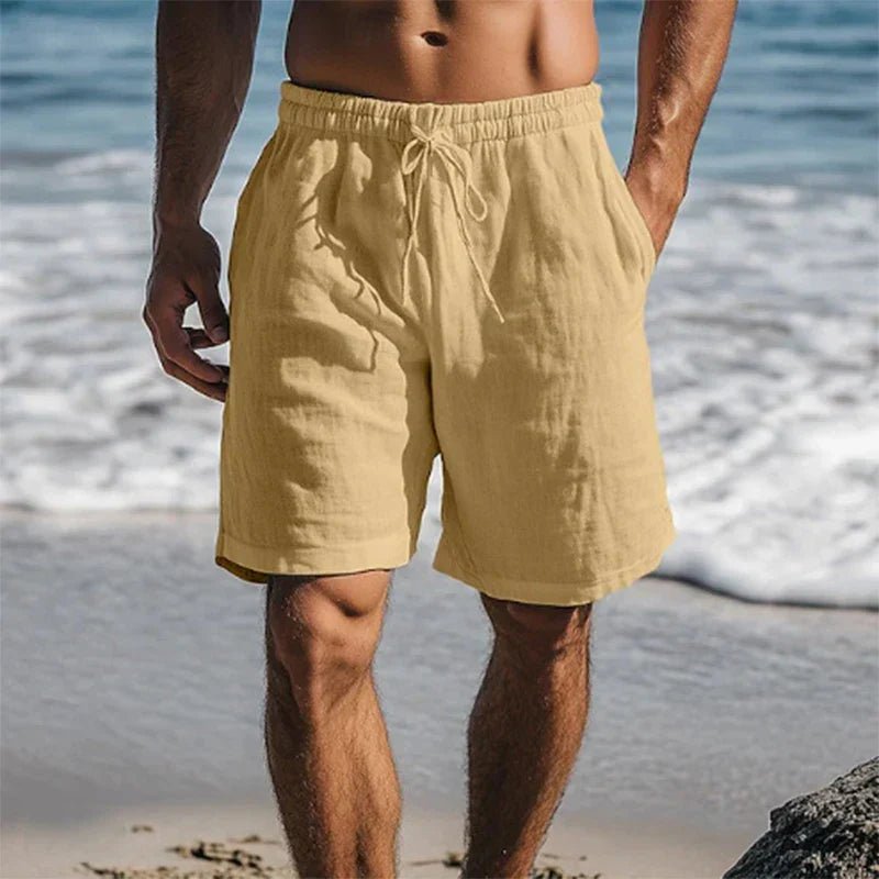 Men's khaki linen swim shorts with quick-dry design for beach and pool days