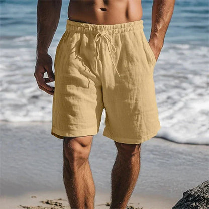 Men's khaki linen swim shorts with quick-dry design for beach and pool days