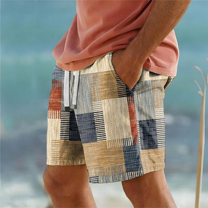 Men's khaki patchwork swim shorts with relaxed fit and adjustable drawstring