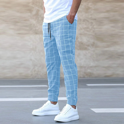 Men's light blue checkered jogger pants with casual comfortable fit