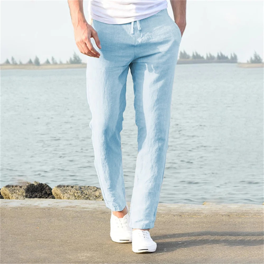 Men's light blue linen pants with lightweight breathable fabric