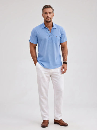 Men's light blue linen polo shirt with short sleeves and relaxed fit for summer style