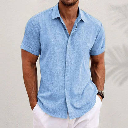 Men's light blue short sleeve linen shirt with relaxed fit
