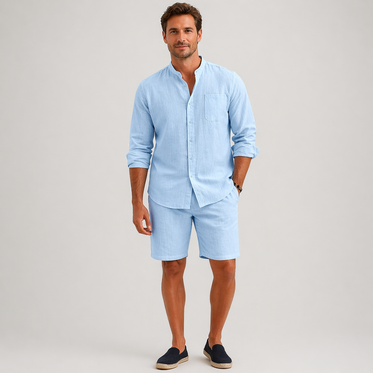 Men's light blue linen shirt and shorts set with relaxed fit, matching two-piece summer outfit