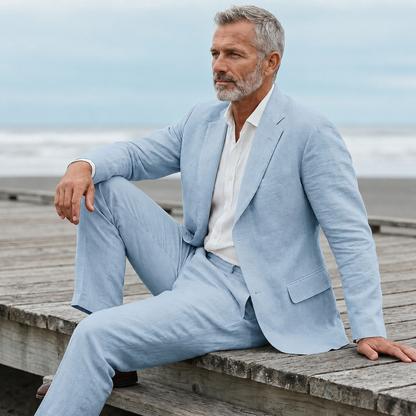 Men's light blue linen suit blazer front view with notched lapel and tailored trousers